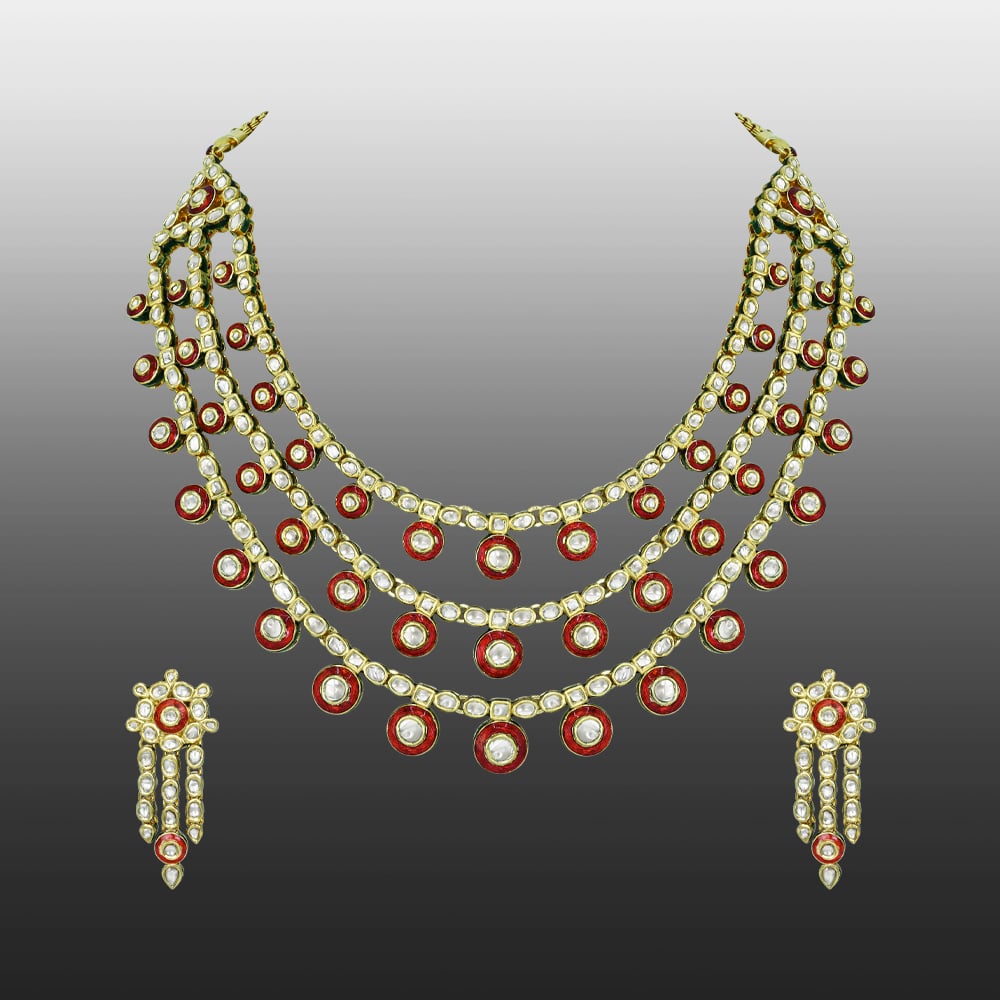 Layered Polki Necklace Set with Red Enamel and Circular Motifs